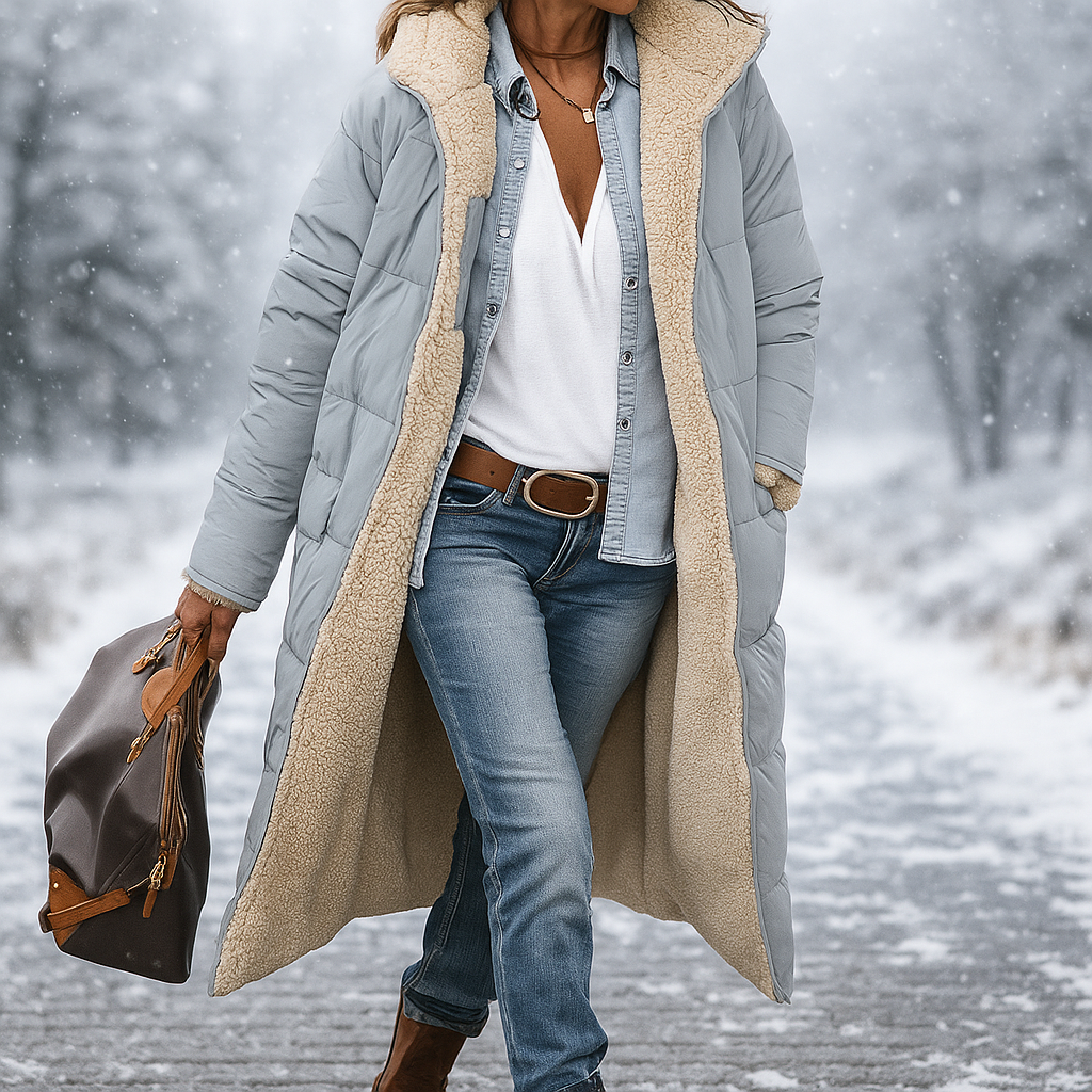 Femme portant le manteau long matelassé Greta, look tendance et chaud, idéal pour l'automne et l'hiver.