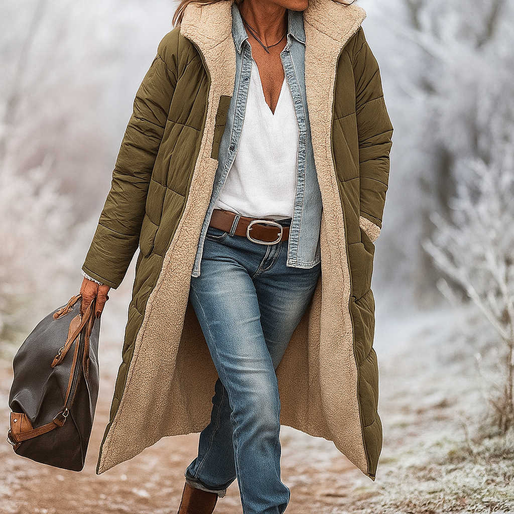 Détail du matelassage sur le manteau long Greta, haute qualité, confort et mode pour femmes en hiver.
