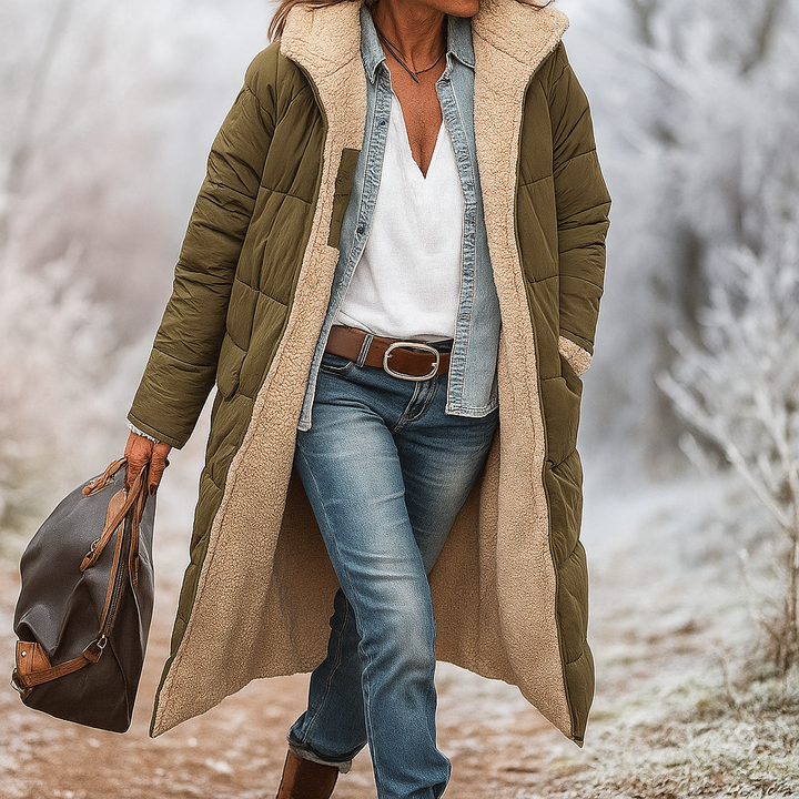 Détail du matelassage sur le manteau long Greta, haute qualité, confort et mode pour femmes en hiver.