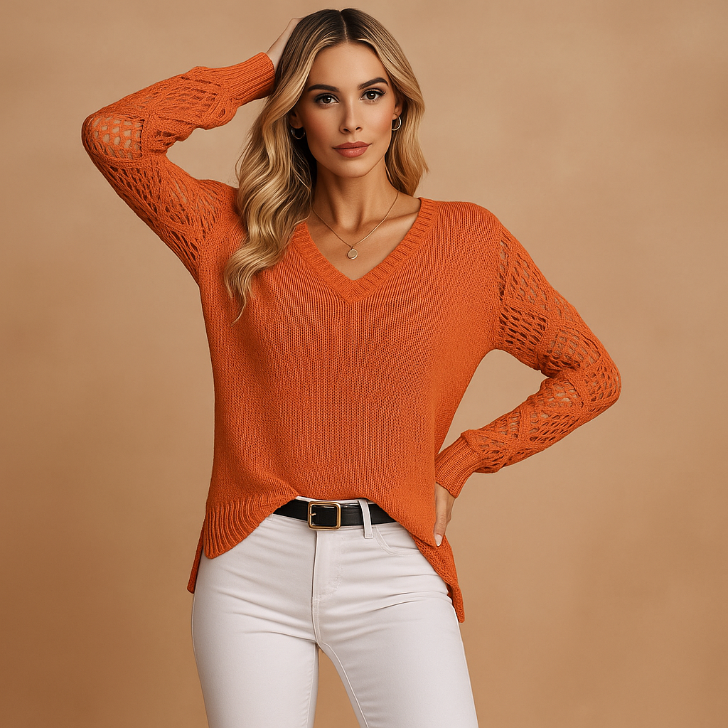Pull femme col V chic, manches ajourées. Idéal pour superposition, style décontracté ou habillé printemps-automne.