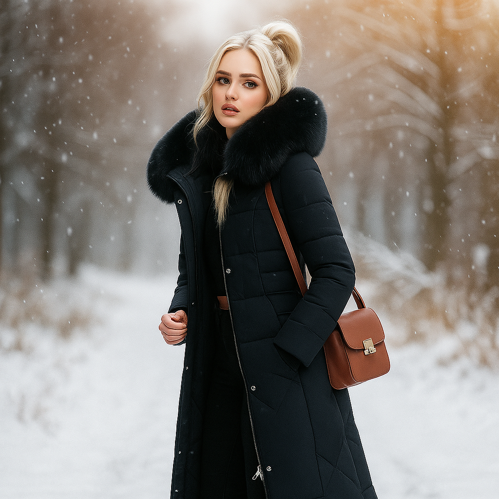 Manteau long matelassé femme, vue de dos, design élégant avec capuche, idéal pour l'hiver.