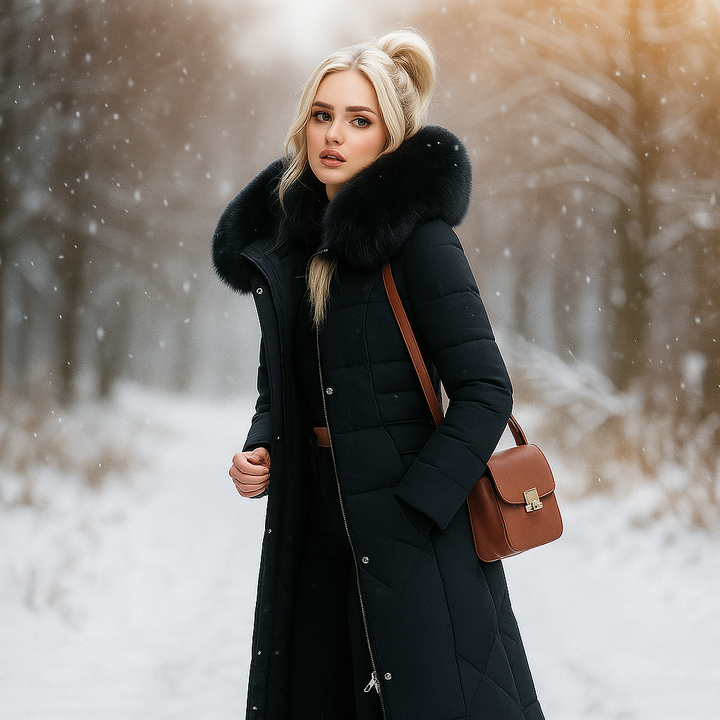 Manteau long matelassé femme, vue de dos, design élégant avec capuche, idéal pour l'hiver.