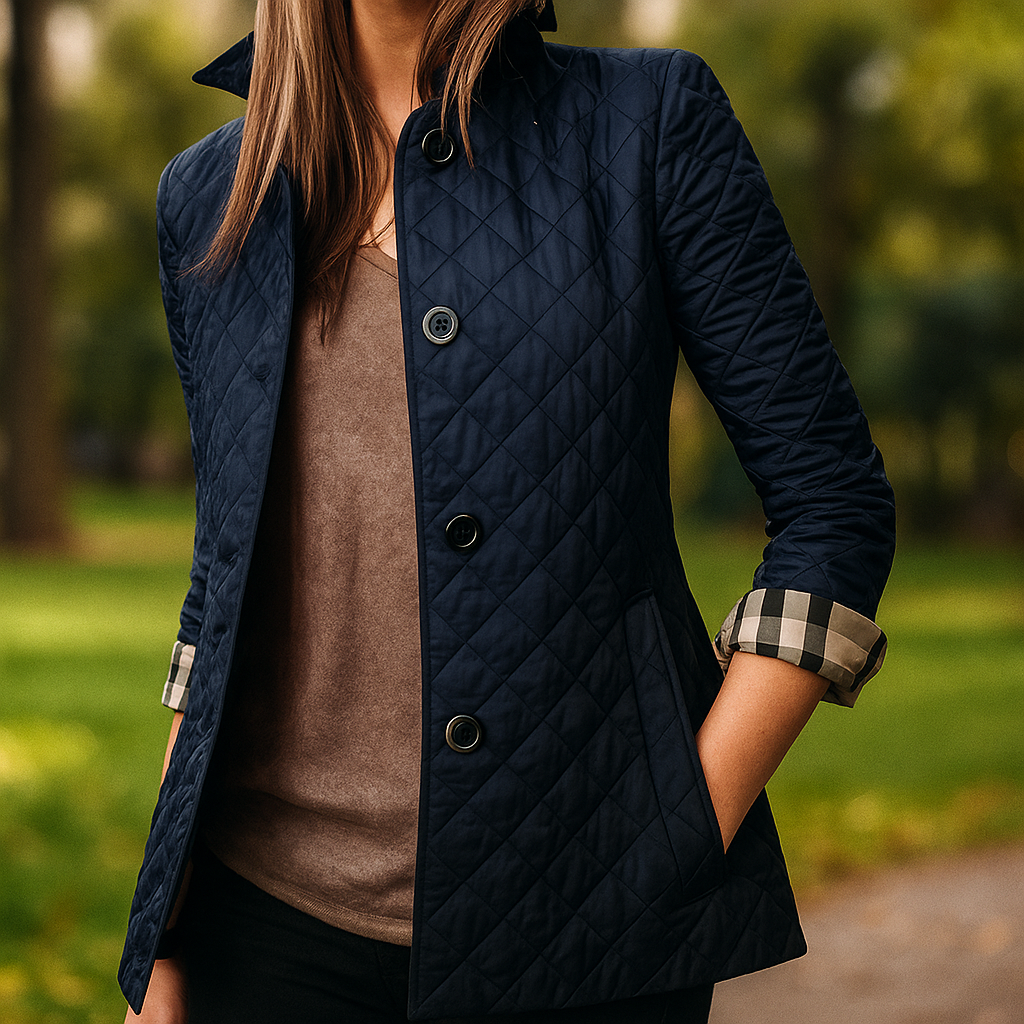 Veste matelassée légère pour femme avec boutons chics. Parfaite pour un look printanier ou automnal élégant.
