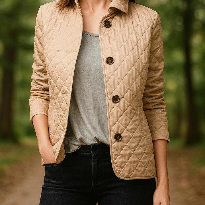 Veste matelassée chic et légère pour femme, parfaite pour l'automne et le printemps. Style boutonnée élégant.