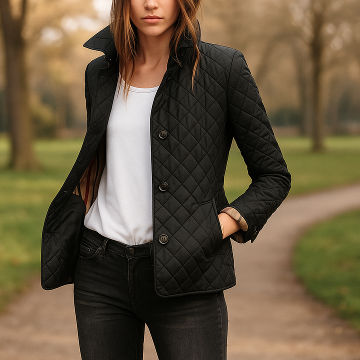 Veste matelassée légère femme, boutons élégants, idéale mi-saison printemps automne.