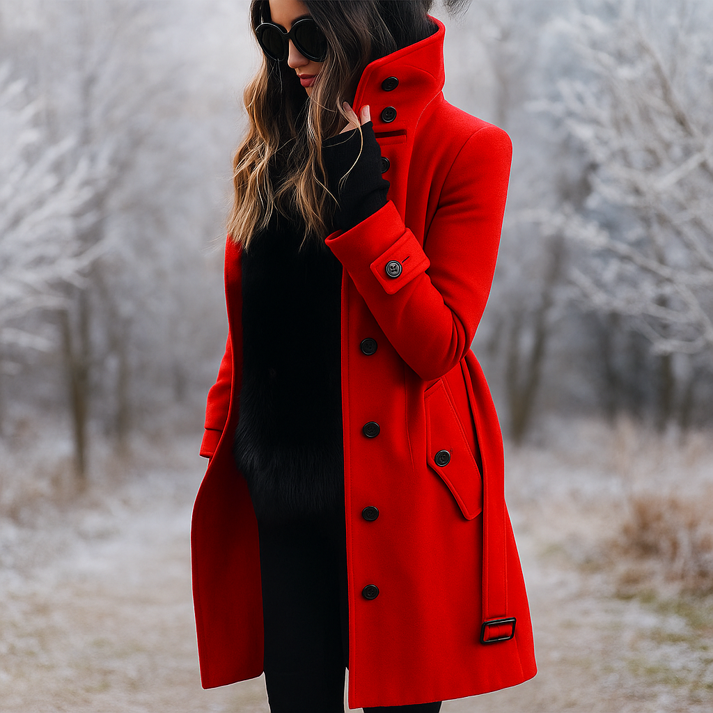 Manteau femme élégant à double boutonnage, col montant. Idéal hiver/automne, coupe ajustée, style chic et habillé.