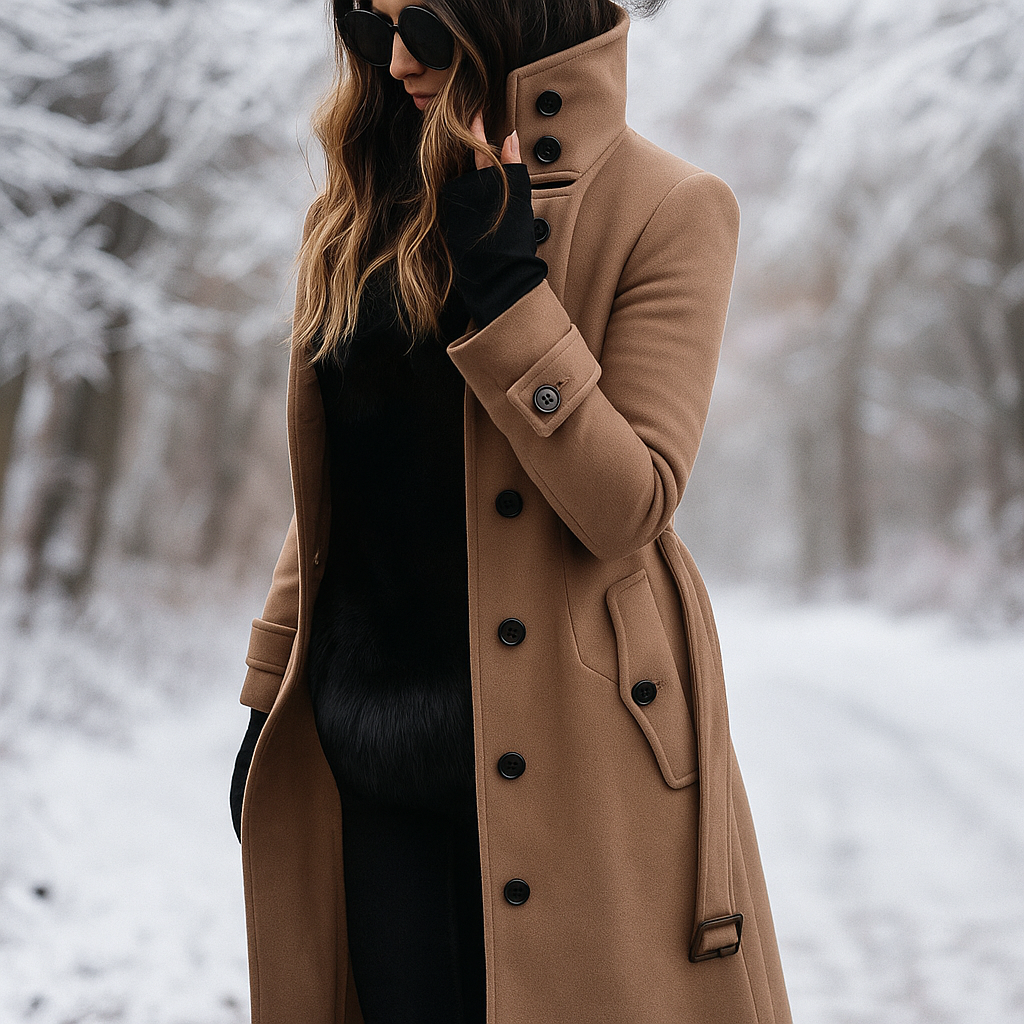 Manteau femme coupe ajustée, double boutonnage et col montant. Veste élégante, chic pour mode féminine hiver/automne.