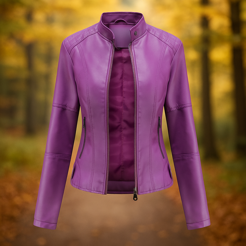 Veste femme style motard en similicuir, coupe ajustée, très tendance. Un blouson biker moderne et stylé.