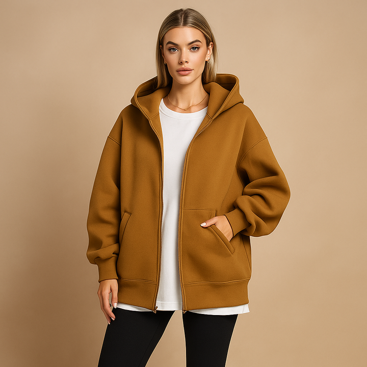 Veste légère oversize zippée pour femme, style urbain tendance, idéale pour tenue sport décontractée.