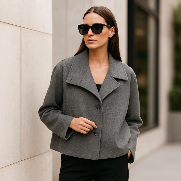 Mode urbaine: veste courte femme élégante, double boutonnage, col montant pour un look sophistiqué.