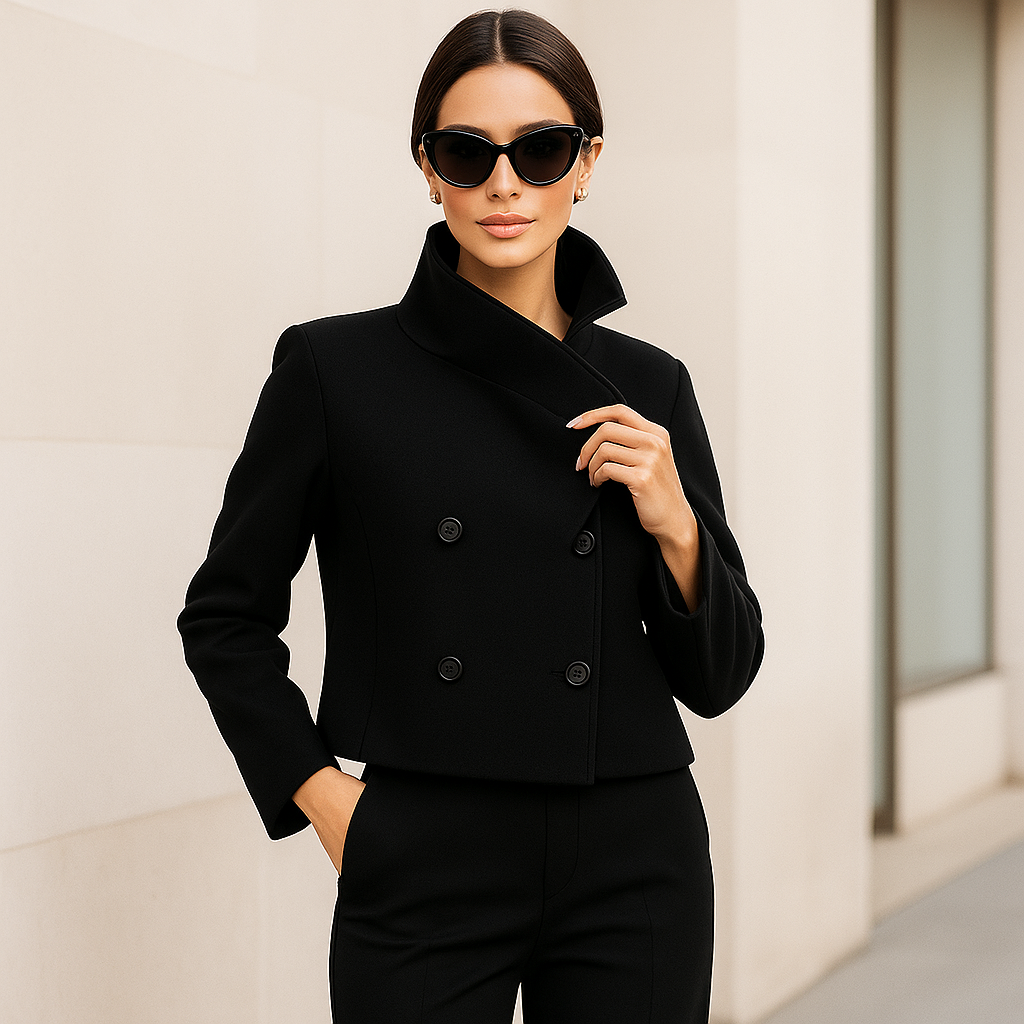 Veste courte élégante femme, style urbain moderne, parfaite pour l'automne.