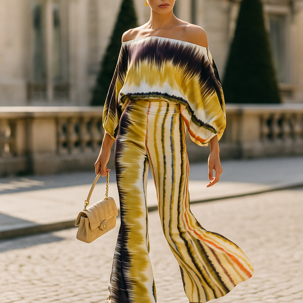 Focus sur le top asymétrique fluide de l'ensemble femme en satin. Élégance moderne et texture douce.