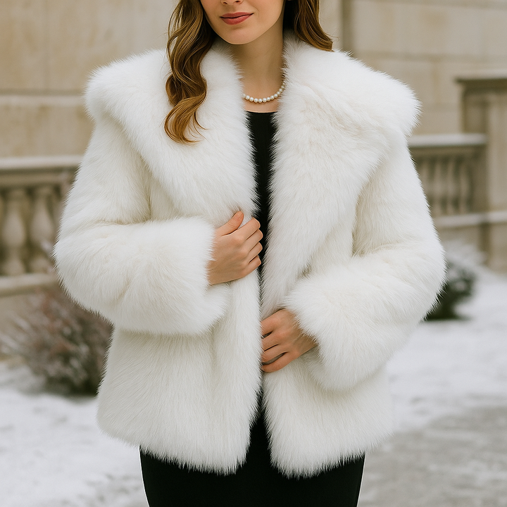 Manteau élégant femme à effet velours avec col large, parfait pour une mode hivernale chic et tendance.