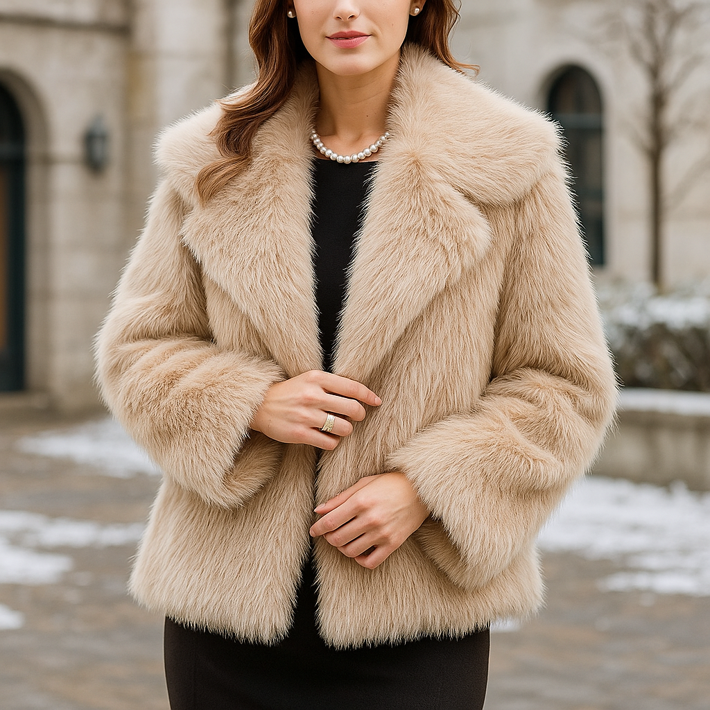 Manteau femme élégant à col large, effet velours doux, parfait pour un look hivernal chic et chaleureux.