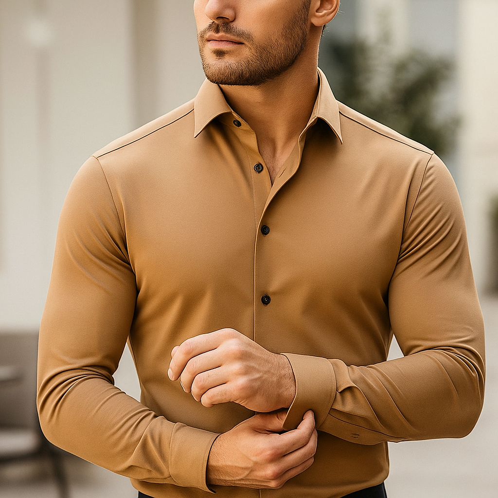 Chemise cintrée moderne pour homme, look soigné et tendance. Élégance et confort assurés.