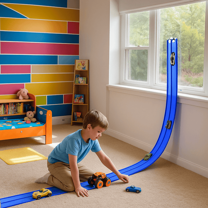 Circuit de course flexible FlexiRace, modulable pour enfants, développe créativité et jeu actif.