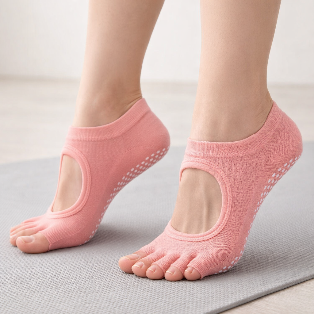 Chaussettes de Pilates antidérapantes pour femme, cinq orteils, idéal yoga et équilibre durant l'entraînement.