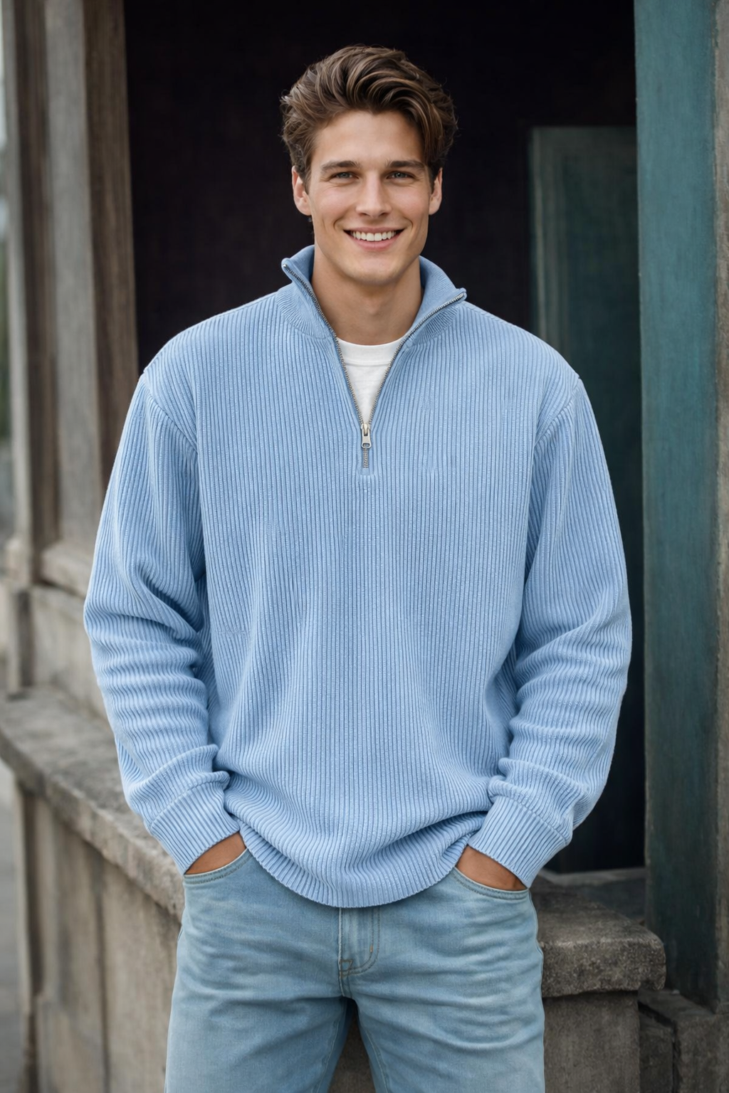 Pull homme tendance à demi-zip, coupe moderne, couleur unie. Idéal pour un style décontracté et élégant.