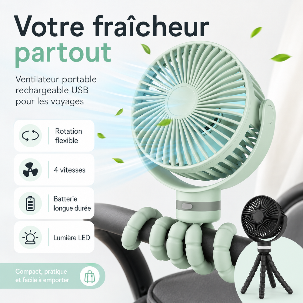 Ventilateur USB compact et pliable, parfait pour voyage, camping ou bureau.