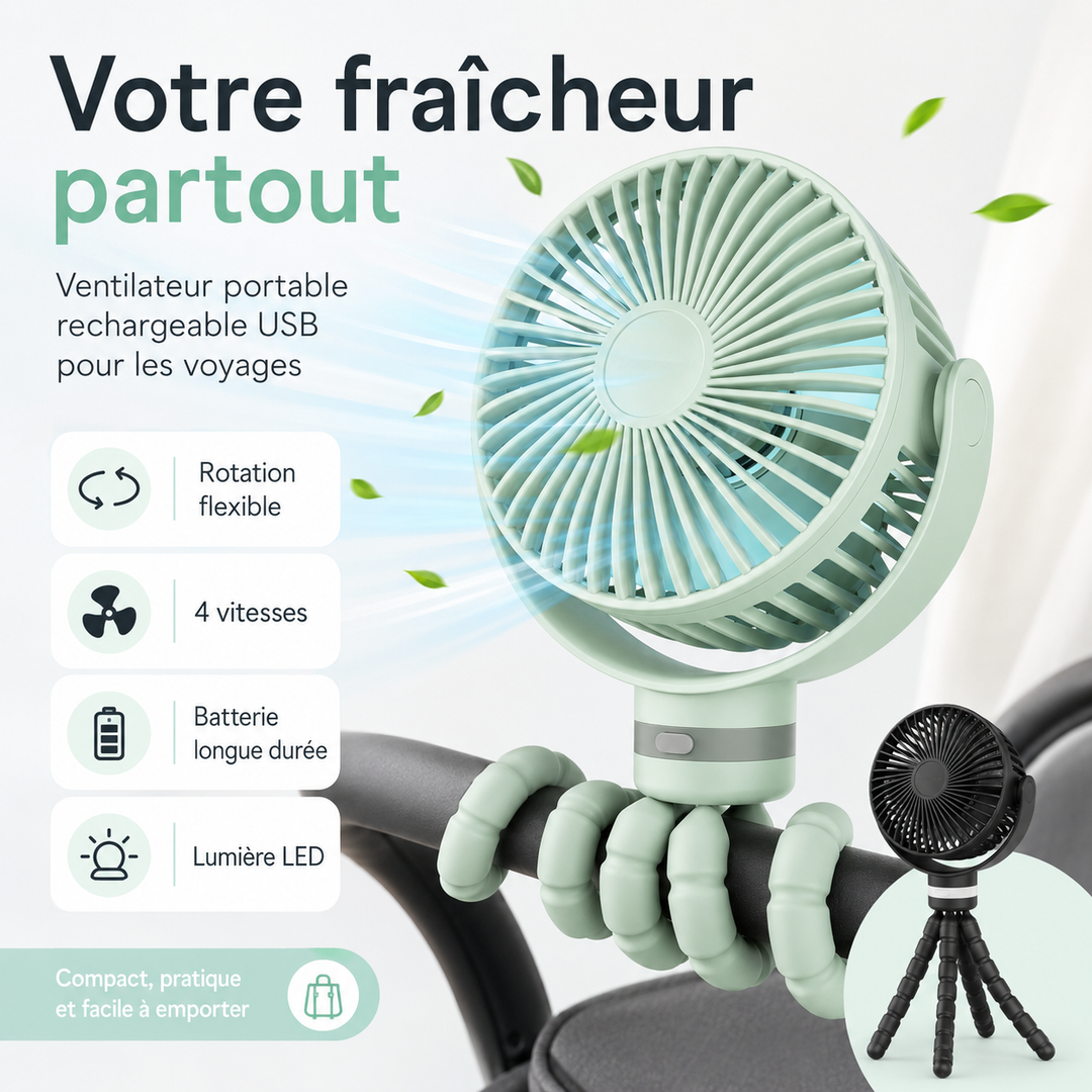 Ventilateur USB compact et pliable, parfait pour voyage, camping ou bureau.