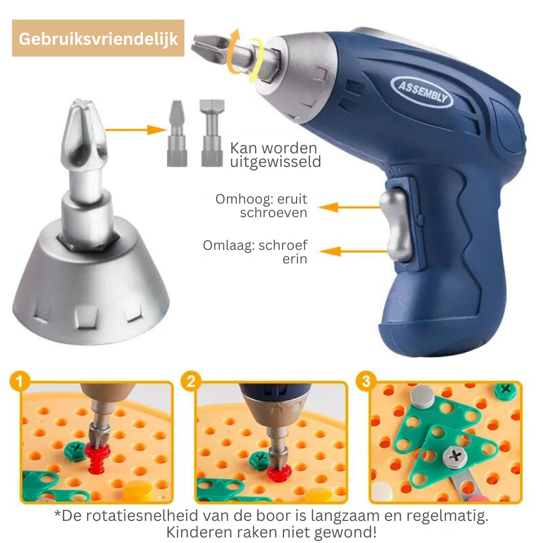 Jouet portable DrillPlay pour enfants, facile à transporter. Activité ludique et éducative partout. Apprentissage STEM.