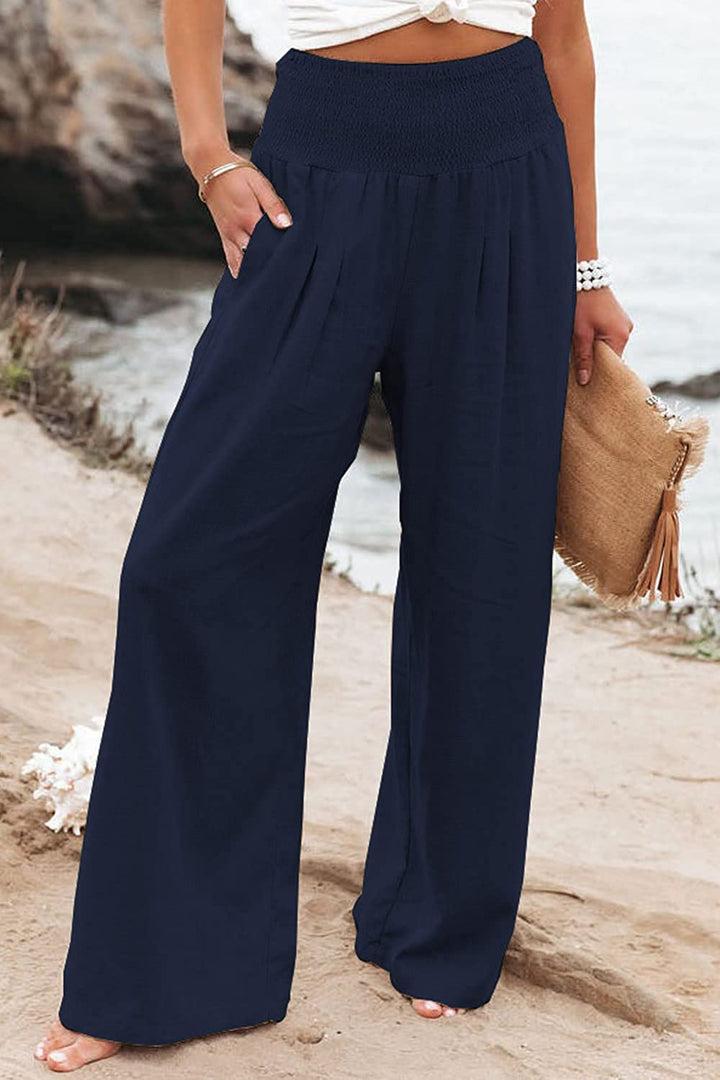 Pantalon palazzo décontracté femme, taille élastique, tissu léger, jambes larges, idéal vacances été.