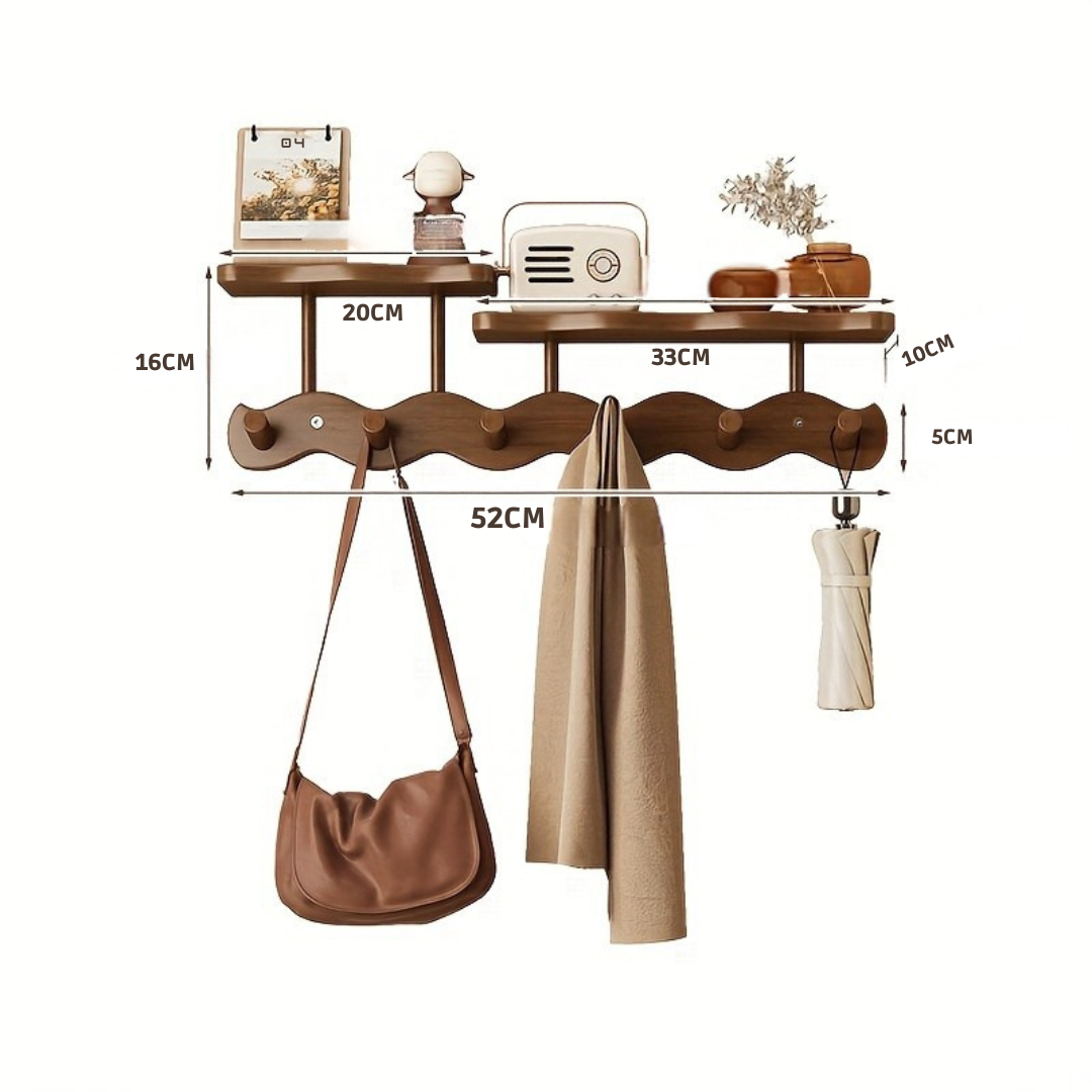 Porte-manteau mural en bois massif avec étagère, solution de rangement et décoration élégante pour votre maison.