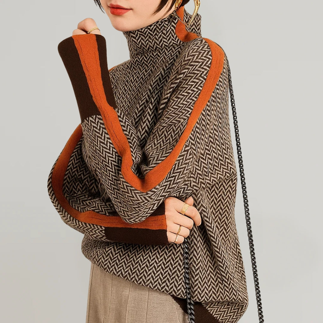 Femme en pull col montant chic. Ce pull en tricot doux offre style et chaleur pour l'hiver et l'automne.
