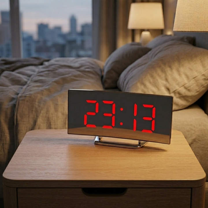Réveil numérique LED incurvé moderne, affichage clair et luminosité réglable pour chambre élégante.