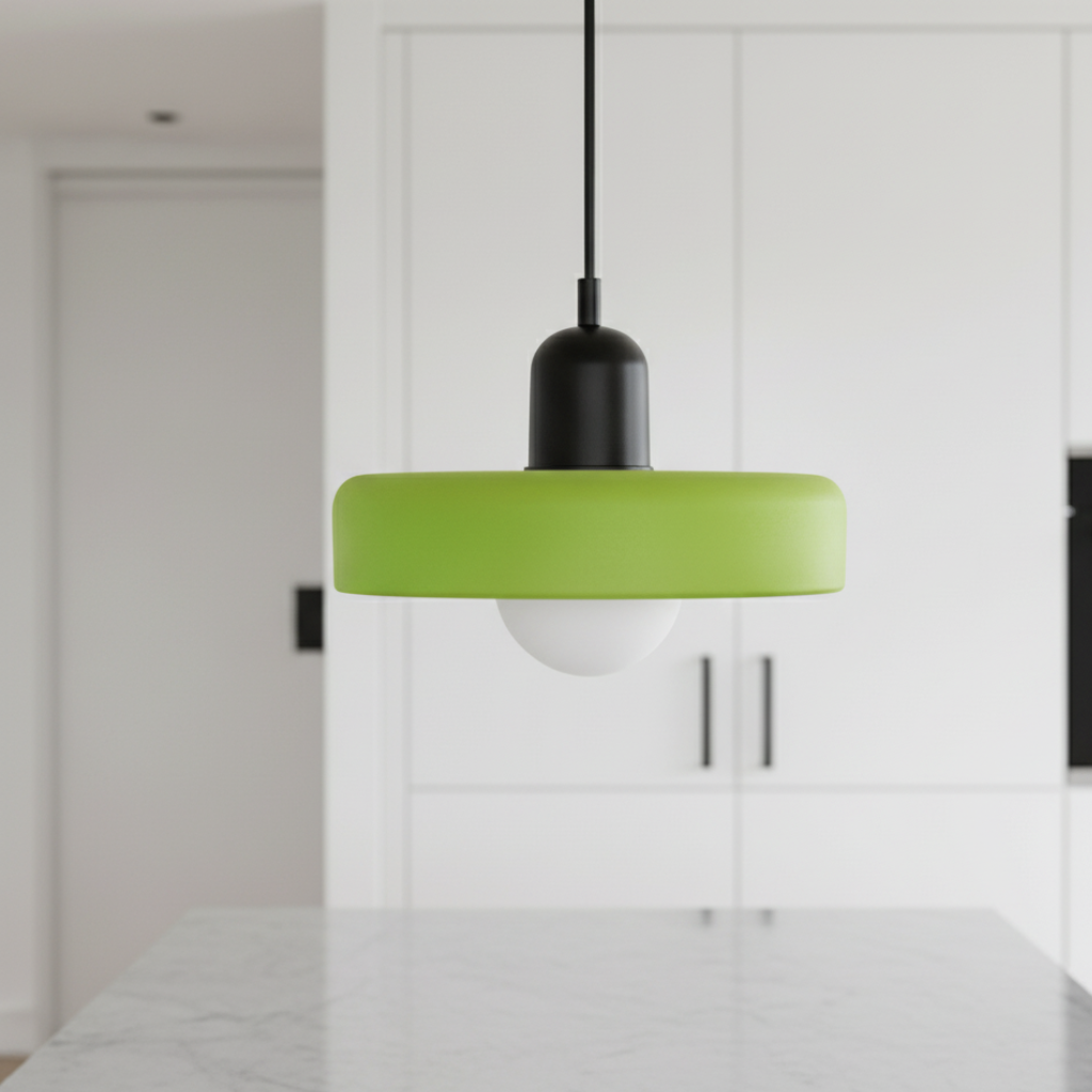 Luminaire suspendu nordique, design Bauhaus pour une lumière douce en cuisine.