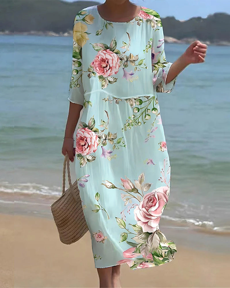 Robe mi-longue fleurie femme, coupe élégante, parfaite pour le printemps/été, style chic et confortable au quotidien.