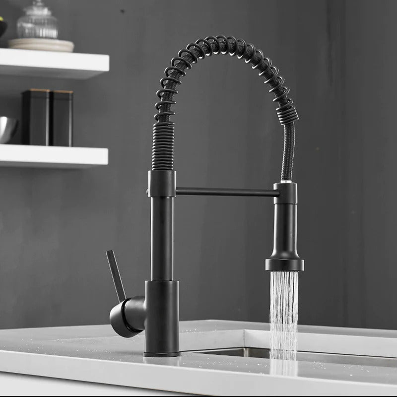 Robinet de cuisine noir mat, douchette flexible avec pivot 360 degrés.