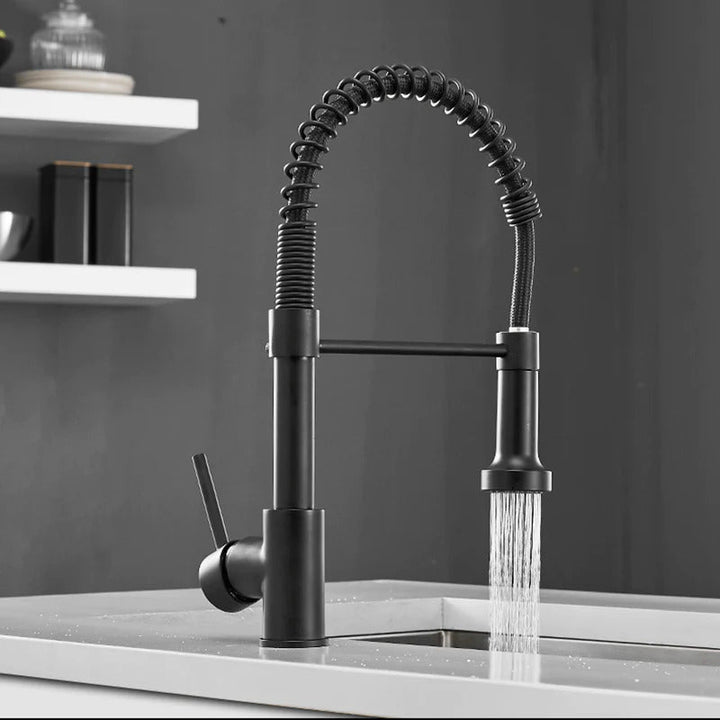 Robinet de cuisine noir mat, douchette flexible avec pivot 360 degrés.