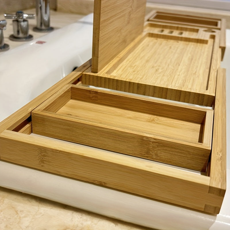 Accessoire de salle de bain en bambou pour une ambiance spa; plateau élégant et fonctionnel.