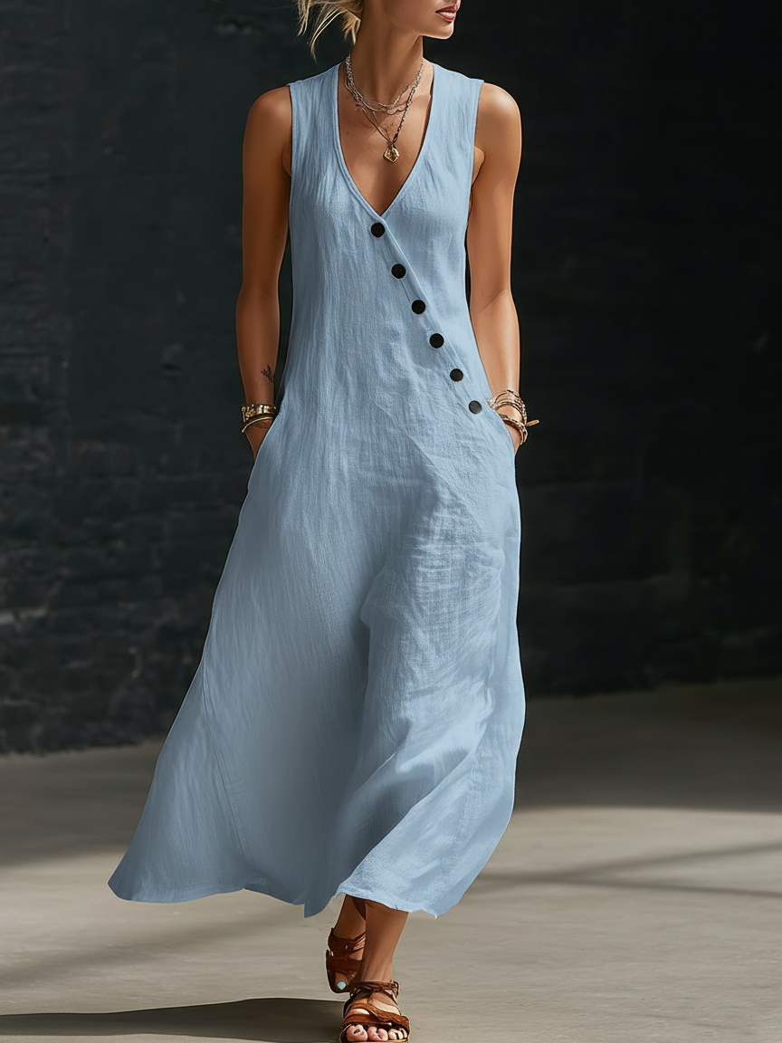 Robe longue élégante pour femme, coupe maxi, col V, et détails de boutons. Chic et confortable pour toute occasion.