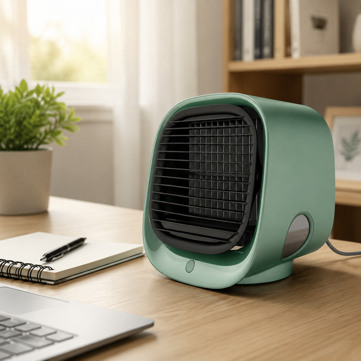 Mini climatiseur portable USB pour chambre à coucher, idéal sur table de nuit pour un sommeil frais et reposant.