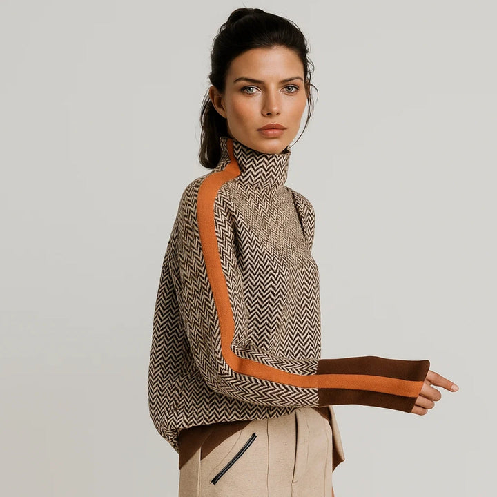 Pull col montant élégant pour femme. Pull tricoté moderne et confortable, parfait pour l'automne/hiver.