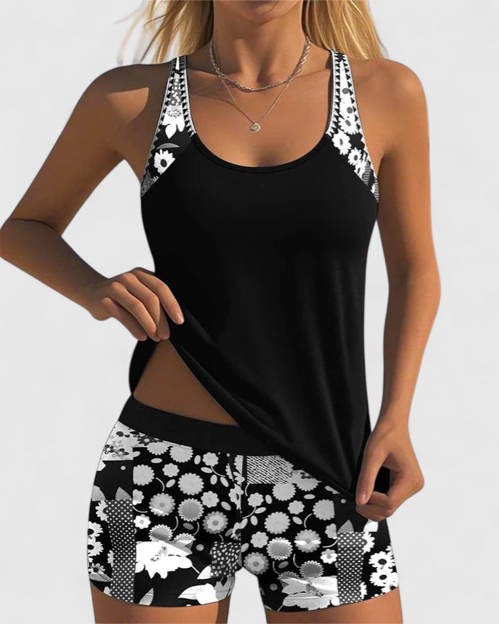 Maillot de bain deux pièces femme: Tankini dos nageur, top uni, short floral. Confort et style estival.