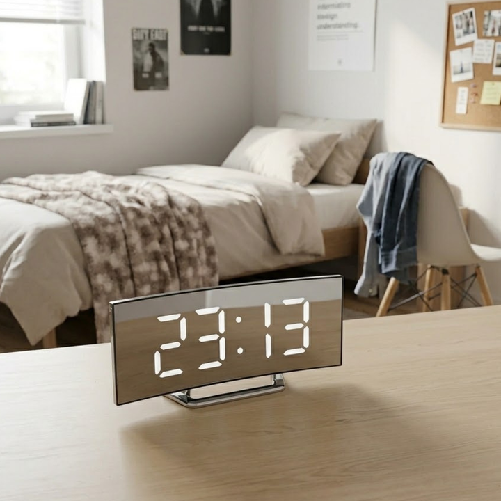 Réveil LED moderne incurvé, numérique, design épuré, idéal pour une chambre contemporaine, alimentation USB.