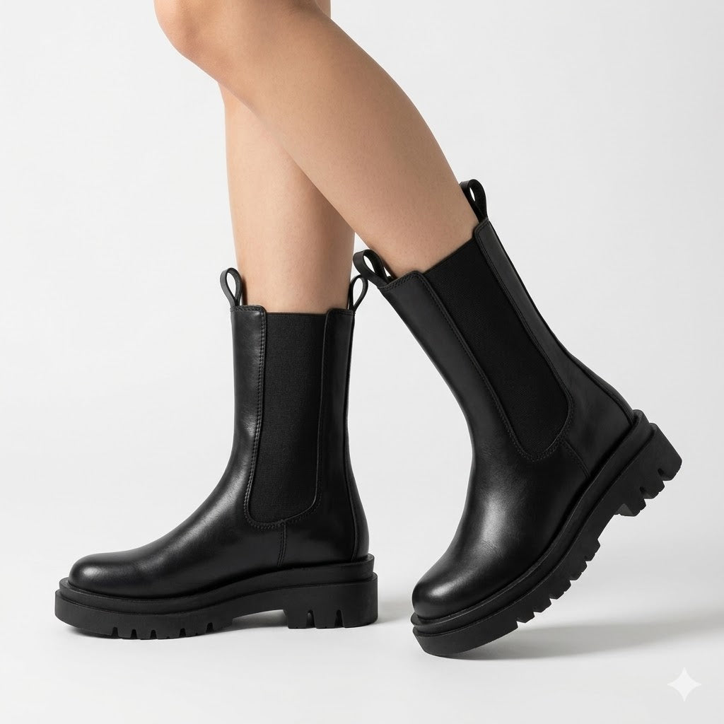 Bottes Chelsea femme mi-mollet noires avec semelle crantée épaisse, idéales pour l'automne et l'hiver, style urbain chic.