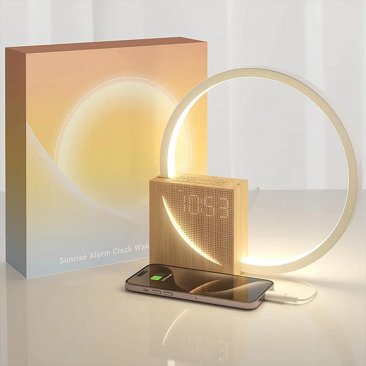 Lampe de chevet tactile avec lumière ambiante douce, réveil élégant et horloge minimaliste.