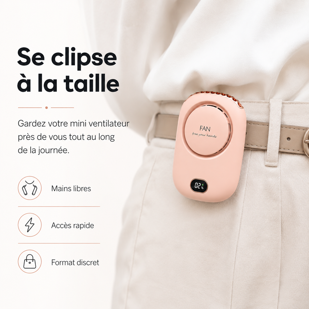 Homme ou femme utilisant le ventilateur de cou mains libres au bureau, pour une fraîcheur discrète.