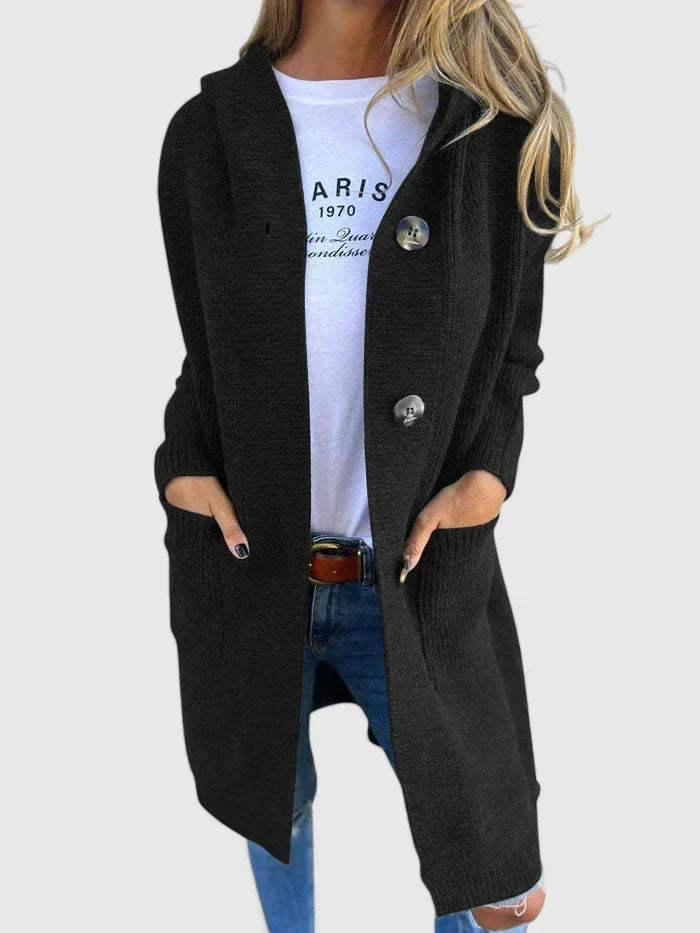 Cardigan femme décontracté longline boutonné avec poches, parfait pour un look hivernal tendance.