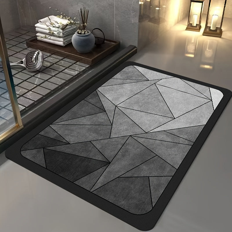 Tapis de bain géométrique luxe, absorbant et antidérapant pour salle de bain moderne.