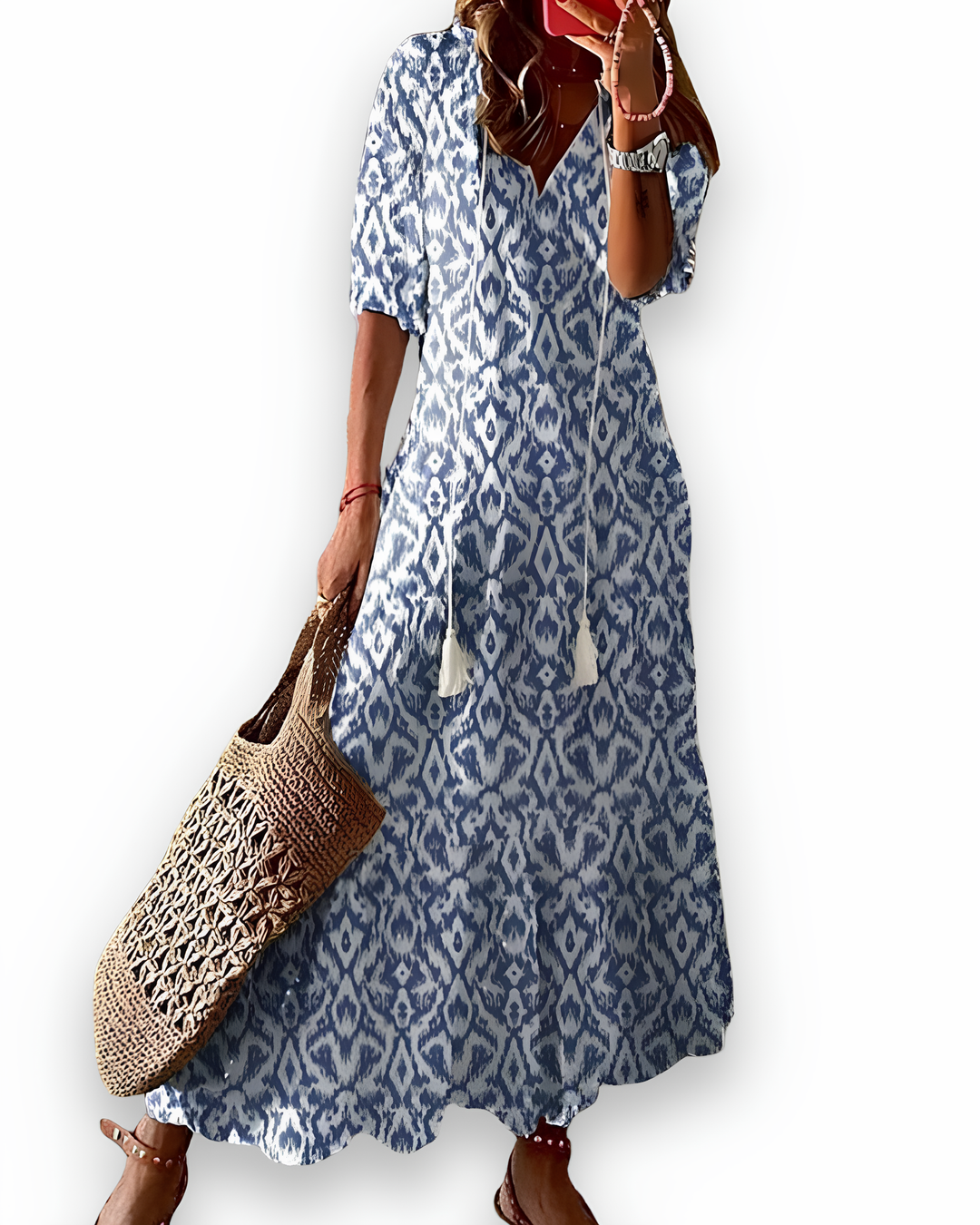 Robe maxi fluide imprimée pour femme, chic et élégante, parfaite pour l'été. Style mode féminine.
