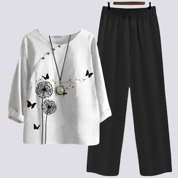 Mode féminine: ensemble confortable à motif, tenue de loisirs polyvalente pour l'été.