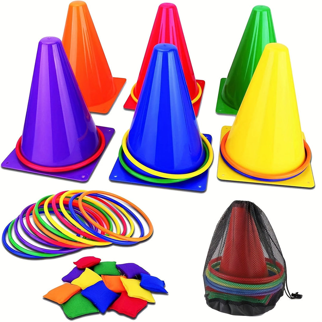 Jeu de lancer coloré avec cônes et anneaux pour enfants, parfait pour l'extérieur et la coordination.