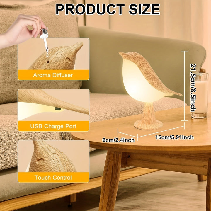 Lampe de chevet LED oiseau tactile, lumière douce pour la nuit et diffuseur d'huiles essentielles.