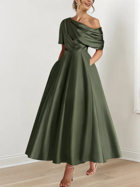 Robe A-line élégante pour femme, épaule dénudée, volants, longueur cheville, idéale mariage.