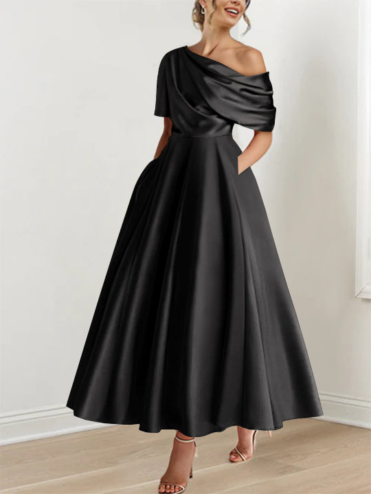 Robe de cocktail A-line, épaule dénudée, volants, longueur cheville, idéale invitée mariage.